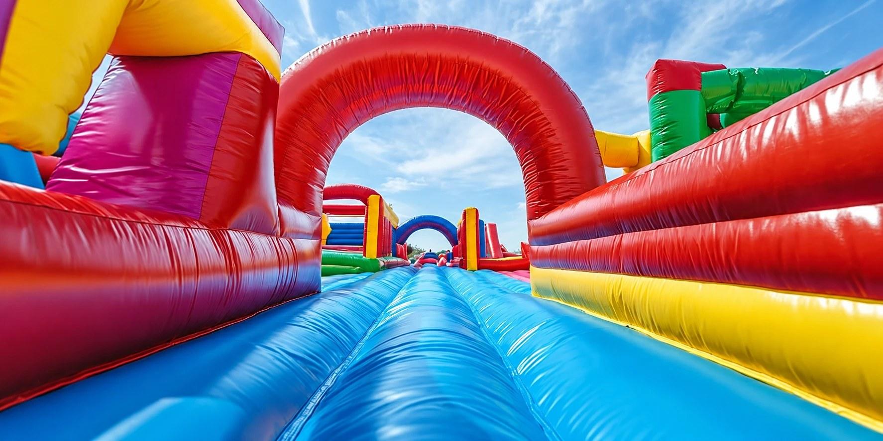 A colorful inflatable obstacle course with red, yellow, and blue arches under a blue sky